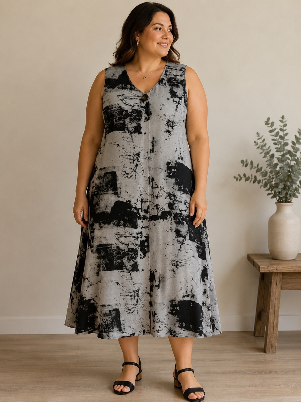 Glam & Fame Abstract Black and Gray Sleeveless Dress XL
